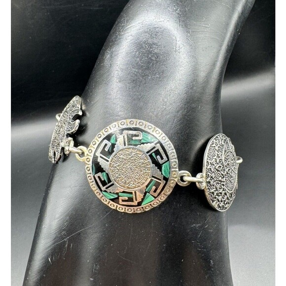 Artisan Mayan Aztec Link Bracelet Sterling 925 Mexico Signed 7 1/4" Enamel - Picture 3 of 10
